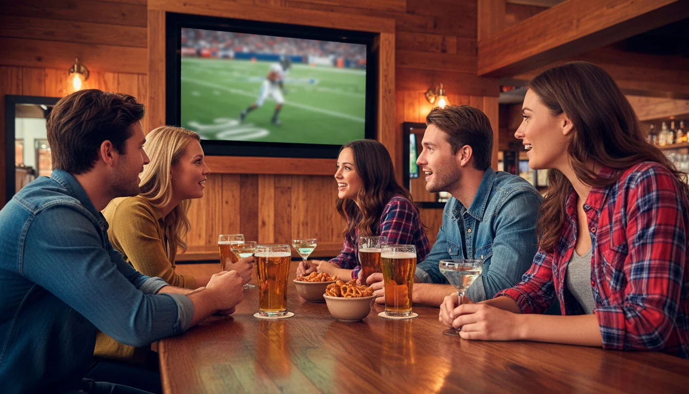Grupo de aficionados viendo un partido de la NFL en vivo en un bar deportivo