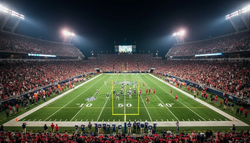 Estadio de la NFL lleno de aficionados durante un partido nocturno con el campo iluminado
