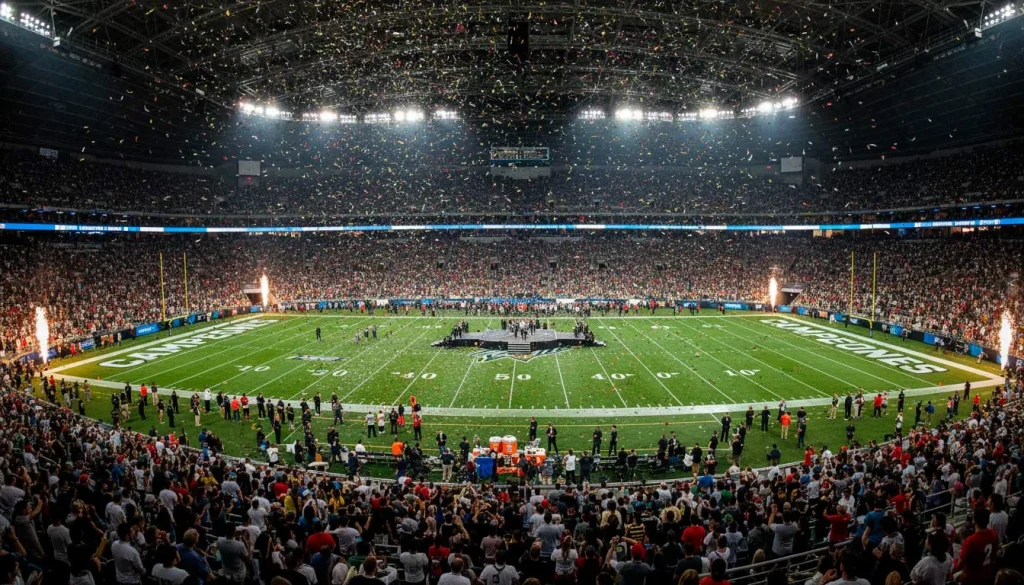 Vista panorámica de un estadio lleno durante la final del Super Bowl con confeti cayendo sobre el campo