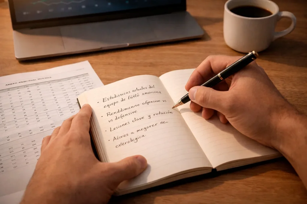 Persona analizando estadísticas de fútbol americano con documentos y notas sobre una mesa de trabajo