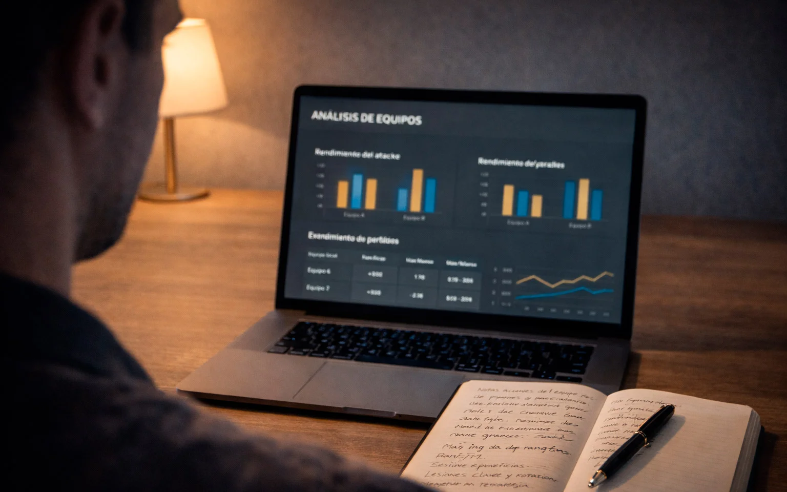 Persona analizando estadísticas y datos de fútbol americano en un escritorio
