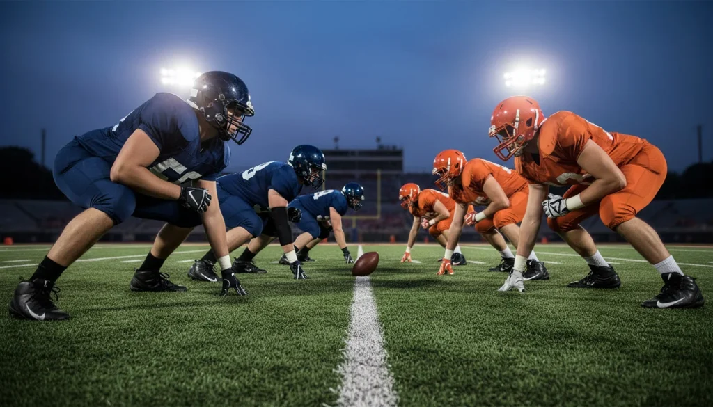 Jugadores de fútbol americano en formación sobre campo de césped natural bajo focos del estadio