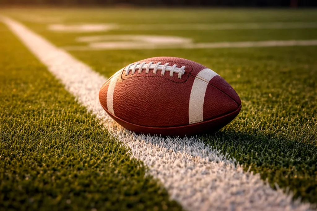 Primer plano de un balón de fútbol americano sobre césped verde con líneas blancas del campo al fondo